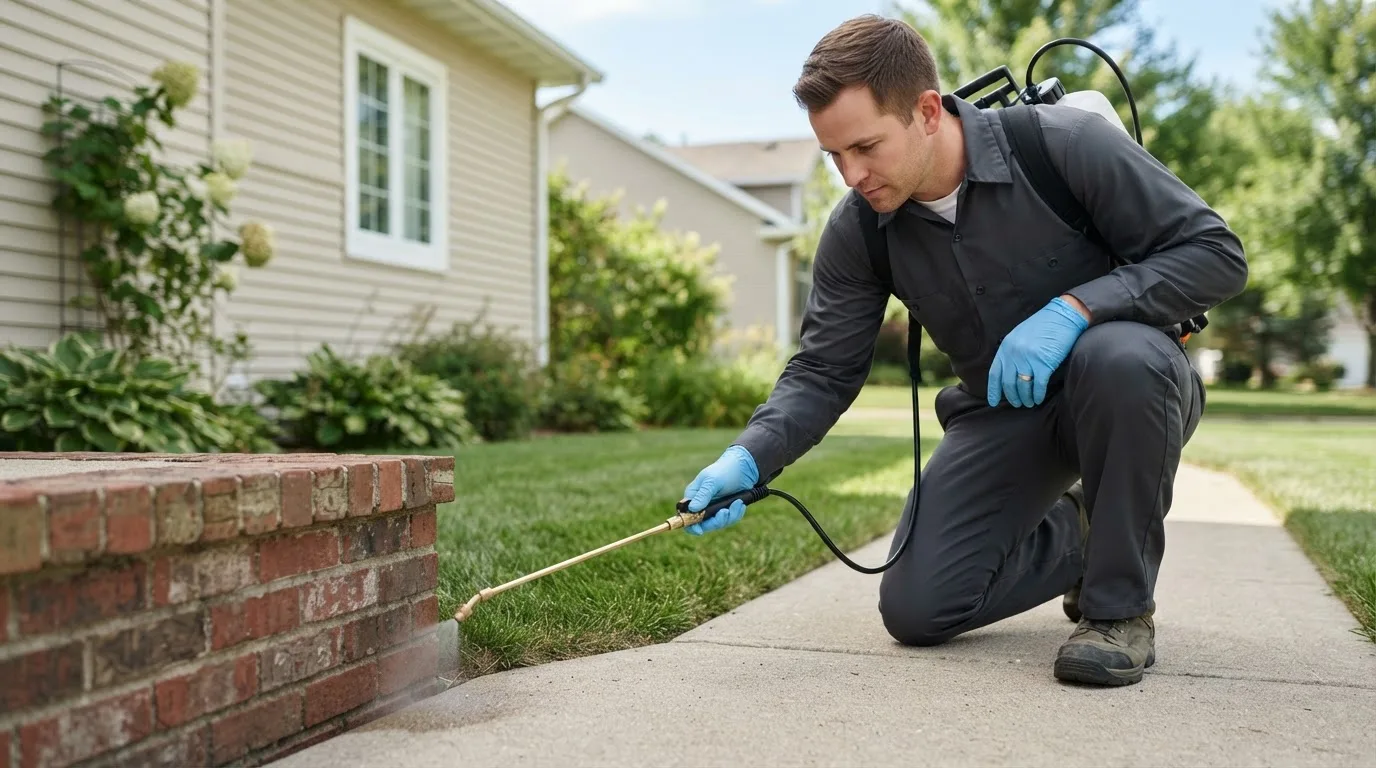 Pest control technician treating a home near Miller, NE